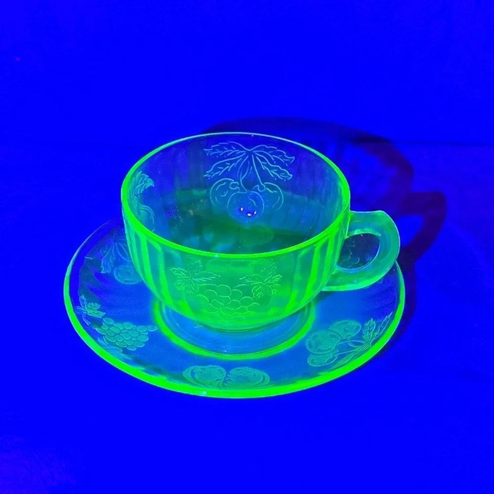 Vintage Hazel Atlas Green Uranium Glass Fruit Pattern Tea Cup and Saucer Set